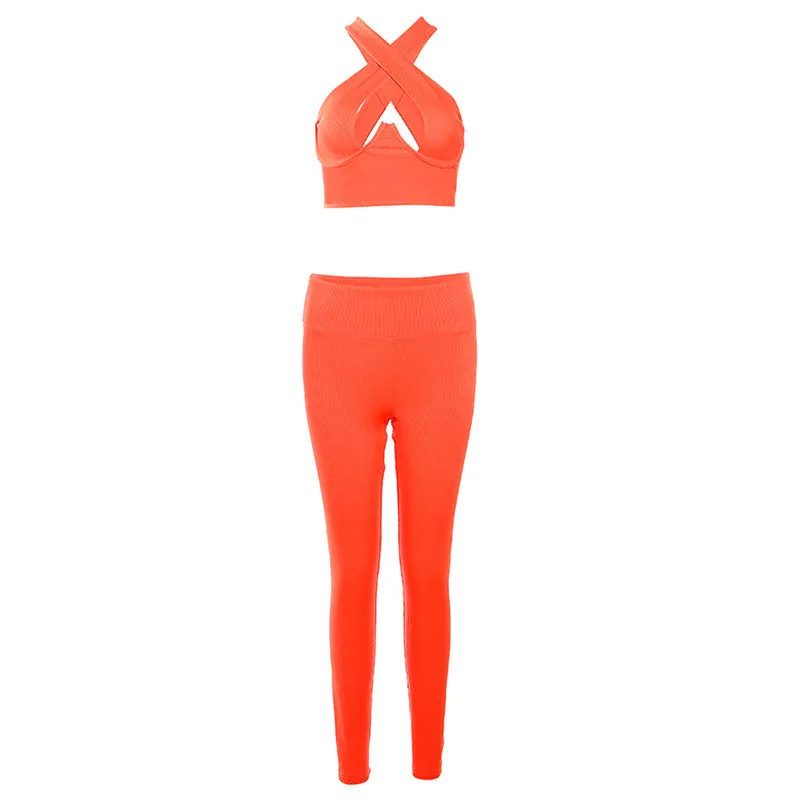 Europe and America2023Fall Women's Clothing New Solid Color Slim Fit Sleeveless Midriff-Baring Vest Tight High Waist Casual Trousers Suit