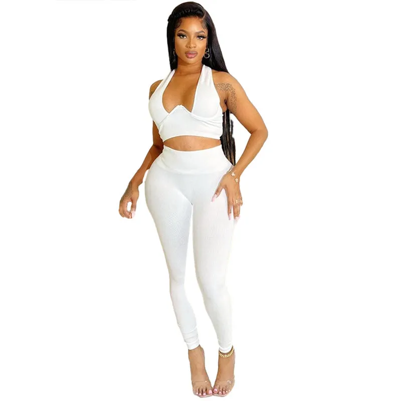 Europe and America2023Fall Women's Clothing New Solid Color Slim Fit Sleeveless Midriff-Baring Vest Tight High Waist Casual Trousers Suit