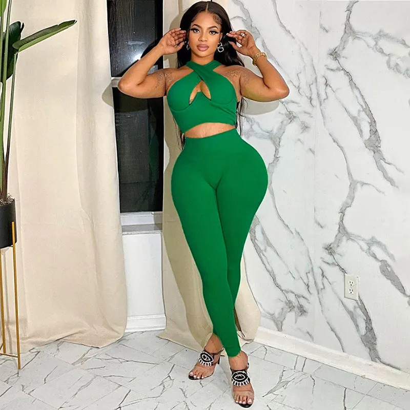 Europe and America2023Fall Women's Clothing New Solid Color Slim Fit Sleeveless Midriff-Baring Vest Tight High Waist Casual Trousers Suit
