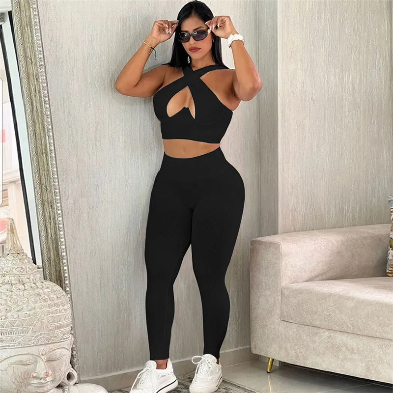 Europe and America2023Fall Women's Clothing New Solid Color Slim Fit Sleeveless Midriff-Baring Vest Tight High Waist Casual Trousers Suit