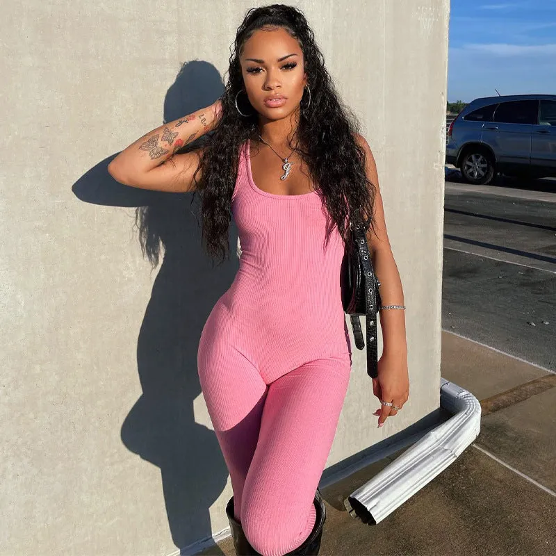 European And American-Style2023Summer New Women's Clothing Sunken Stripe Sleeveless Square Collar Hip-Lifting Trousers Slim Fit Bodysuit Foreign Trade Wholesale