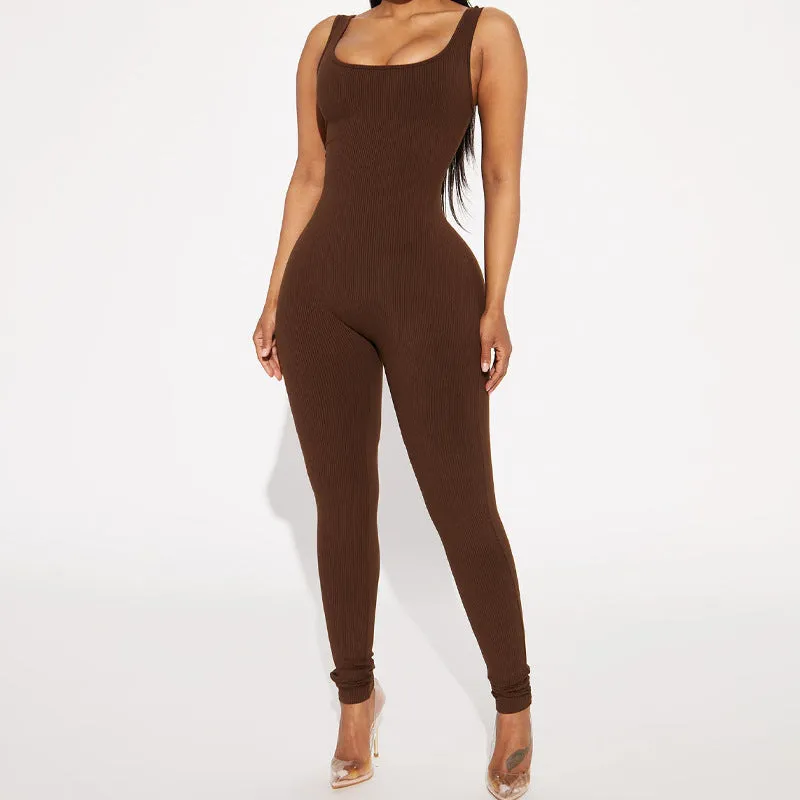 European And American-Style2023Summer New Women's Clothing Sunken Stripe Sleeveless Square Collar Hip-Lifting Trousers Slim Fit Bodysuit Foreign Trade Wholesale