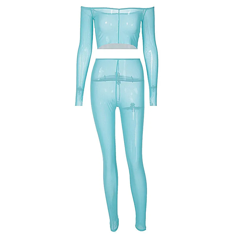European And American-Style2023Summer Women's Clothing New Long Sleeve off Shoulder Sexy Mesh See-through Slim Trousers Fashion Suit Women