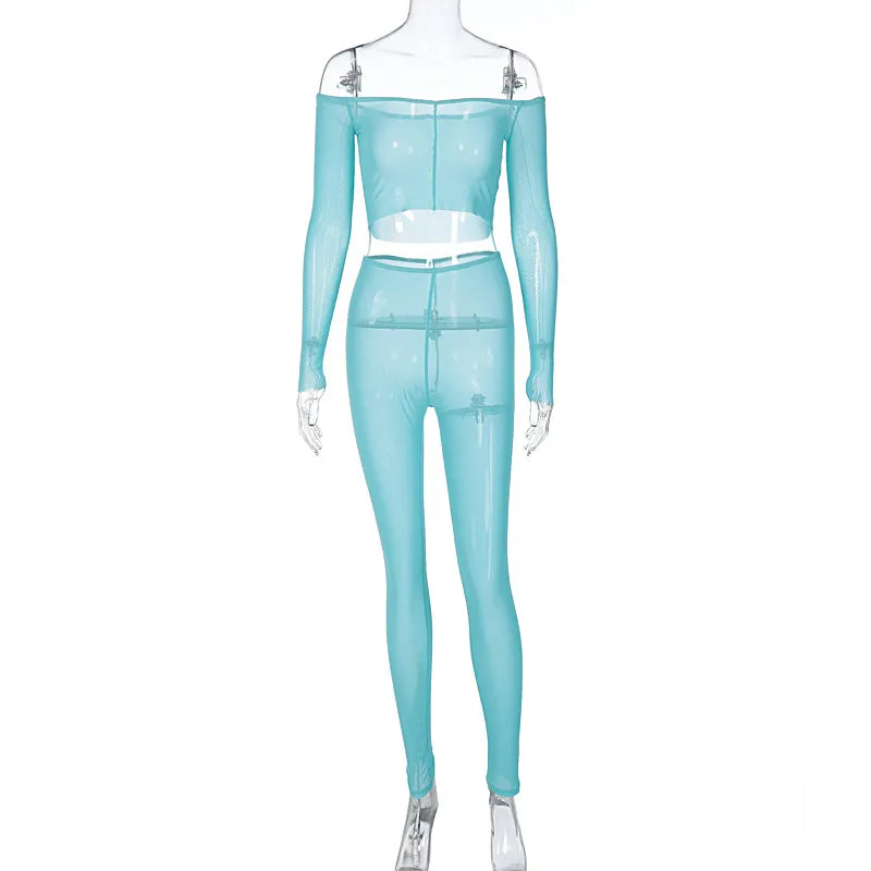European And American-Style2023Summer Women's Clothing New Long Sleeve off Shoulder Sexy Mesh See-through Slim Trousers Fashion Suit Women