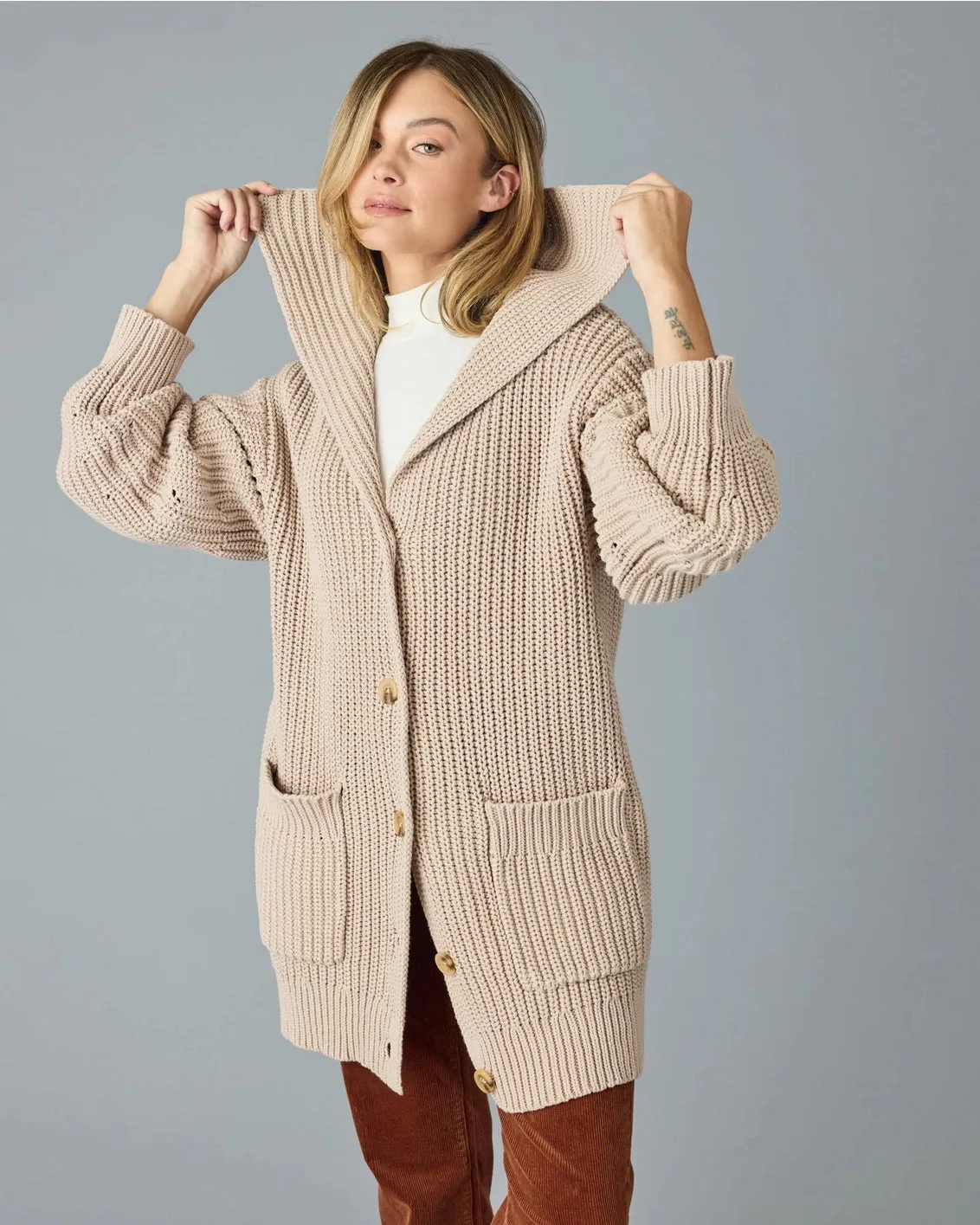 Faye Shawl Collar Long Cardigan - Cobblestone