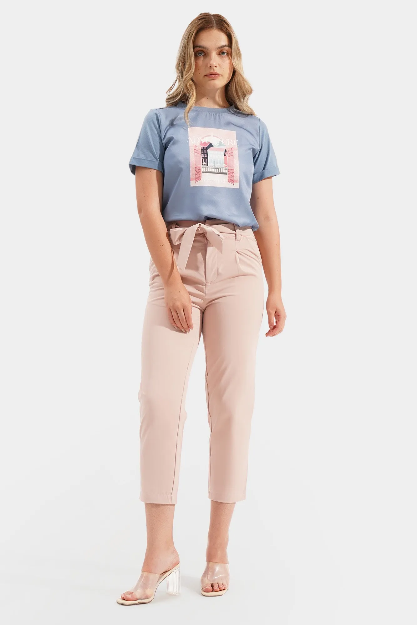 Fine Line Tie Waist Ankle Length Trousers