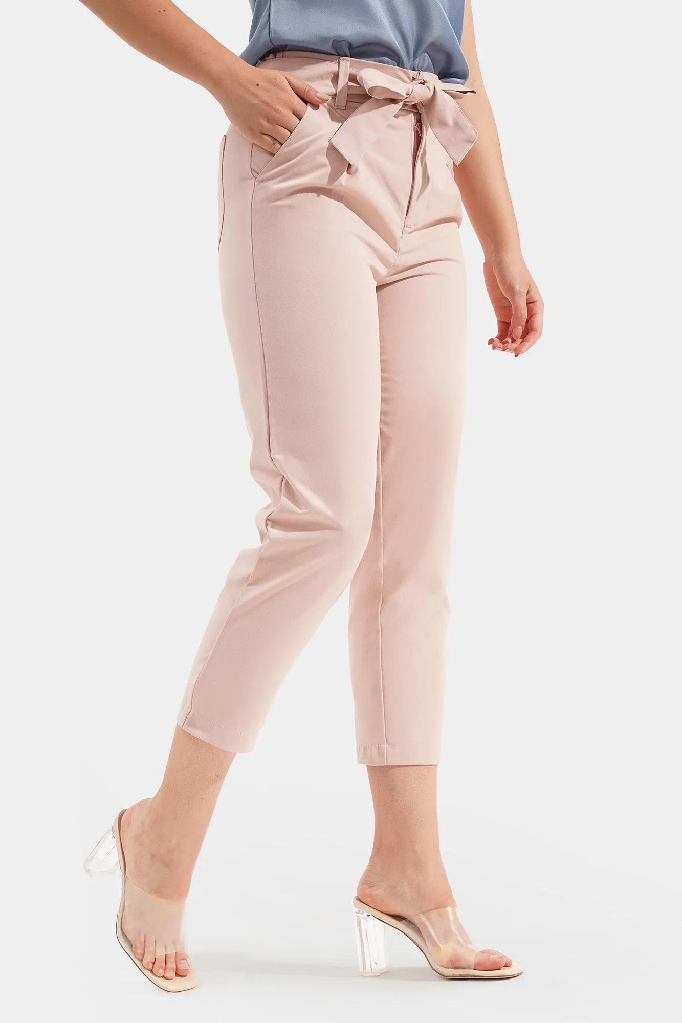 Fine Line Tie Waist Ankle Length Trousers
