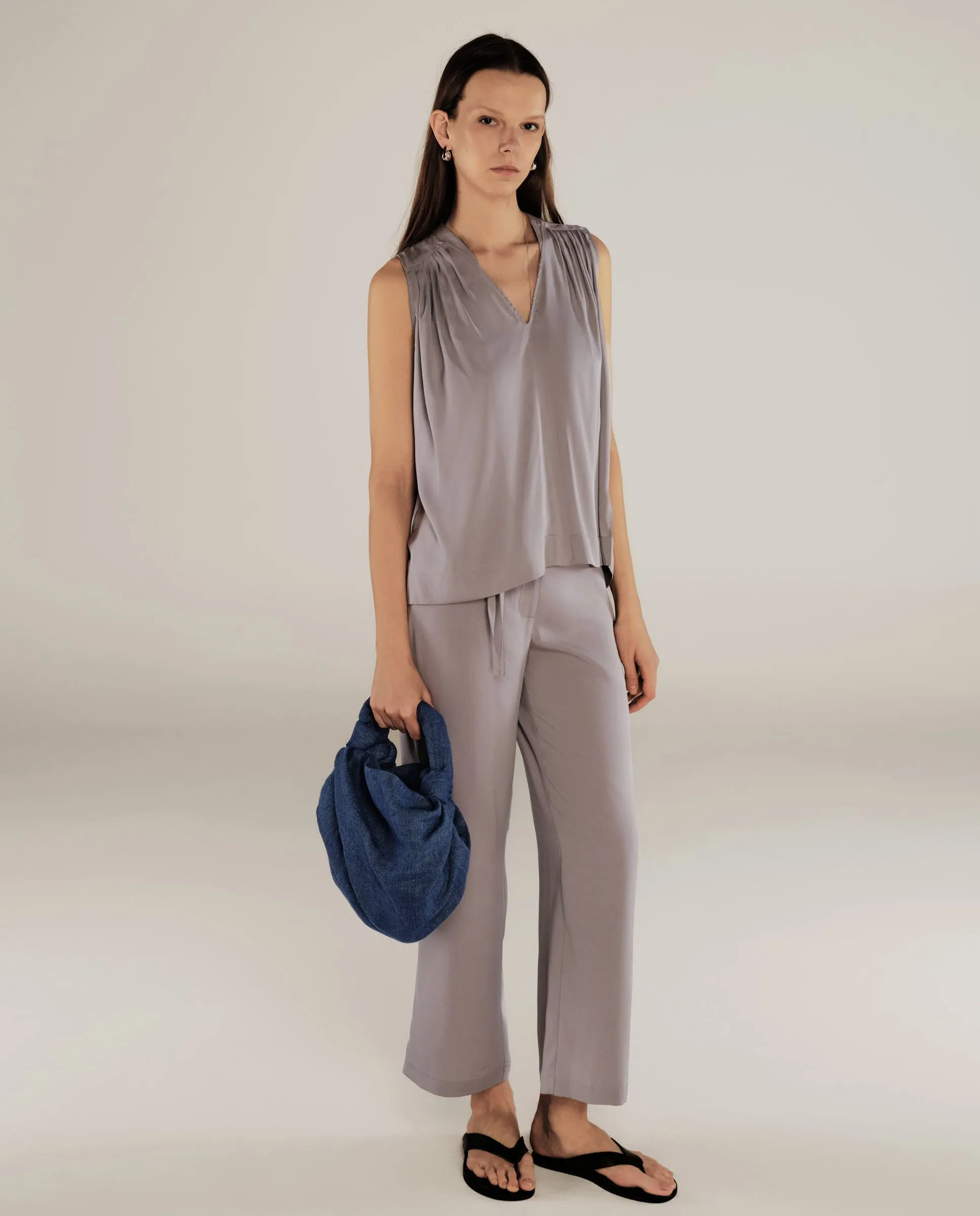 FINLEY | Grey Straight Leg Silk Trousers