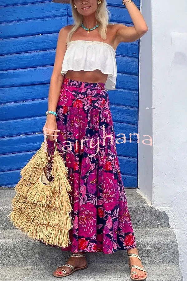 Floral Fantasy Printed High Rise  Back Elastic Waist Maxi Skirt
