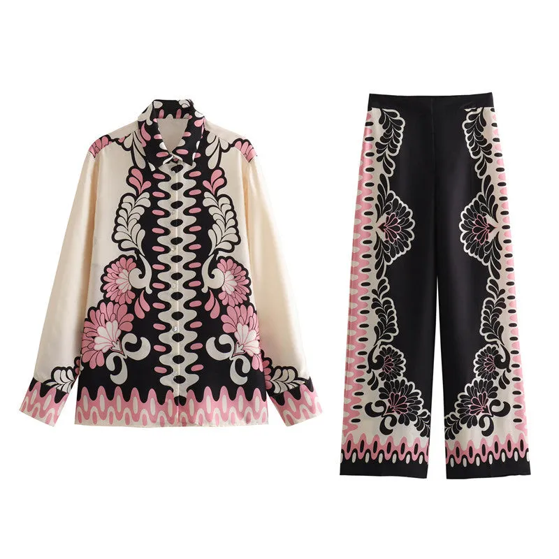 Foreign Trade2023Autumn New European and American Positioning Flower Loose Shirt Straight Printed Trousers Suit for Women8446132