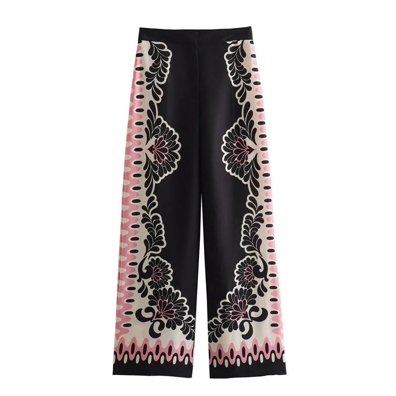 Foreign Trade2023Autumn New European and American Positioning Flower Loose Shirt Straight Printed Trousers Suit for Women8446132