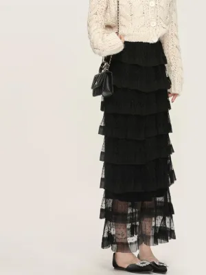 French High Waist Tulle Puffy Tiered Midi Skirt