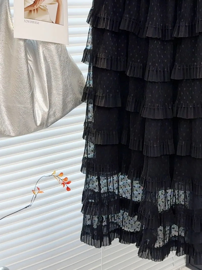 French High Waist Tulle Puffy Tiered Midi Skirt