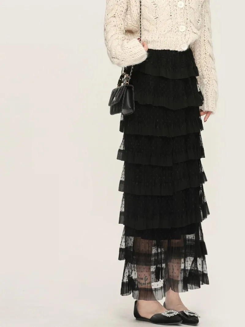 French High Waist Tulle Puffy Tiered Midi Skirt