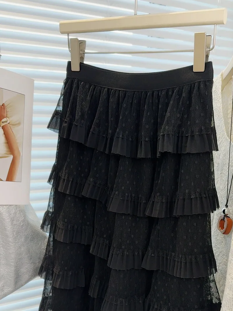 French High Waist Tulle Puffy Tiered Midi Skirt