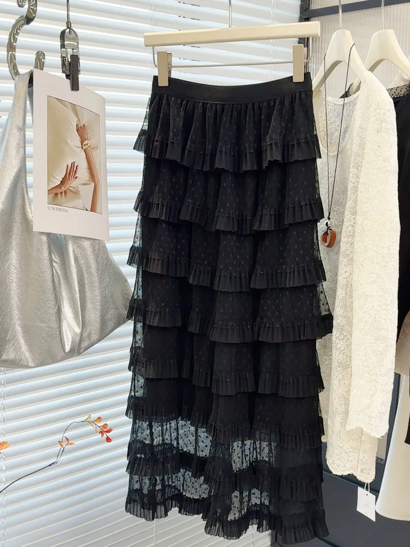 French High Waist Tulle Puffy Tiered Midi Skirt
