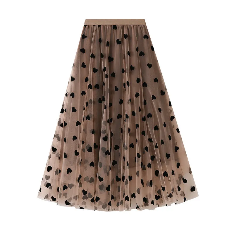 French Retro High Waist Mid Length Mesh Skirt