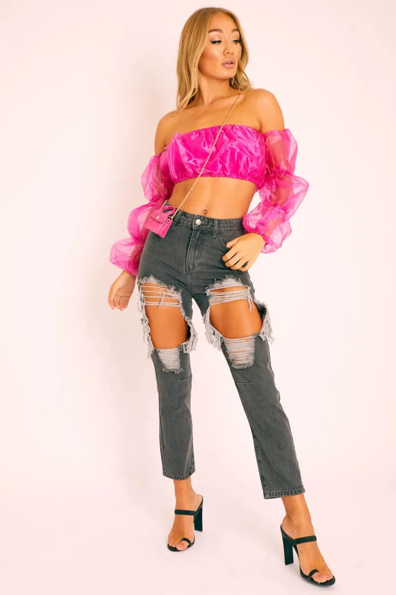 Fuchsia Organza Bardot Puff Sleeves Crop Top - Teresa