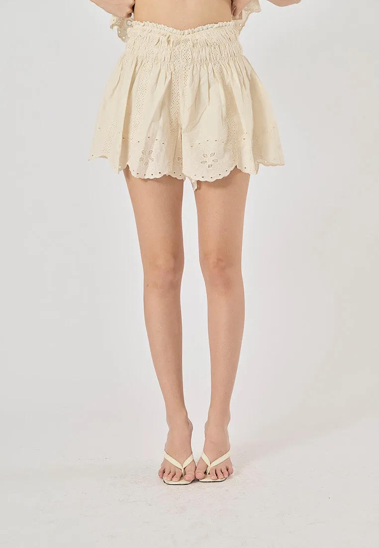 Gemini Beige Embroidered Elastic Waist Pleated Mini Skirt