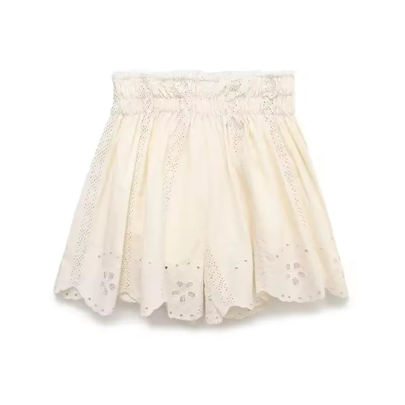 Gemini Beige Embroidered Elastic Waist Pleated Mini Skirt