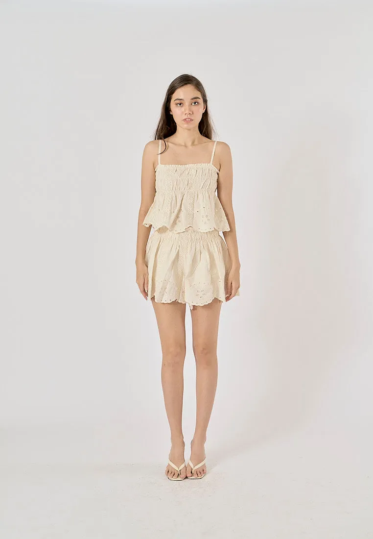 Gemini Beige Embroidered Elastic Waist Pleated Mini Skirt