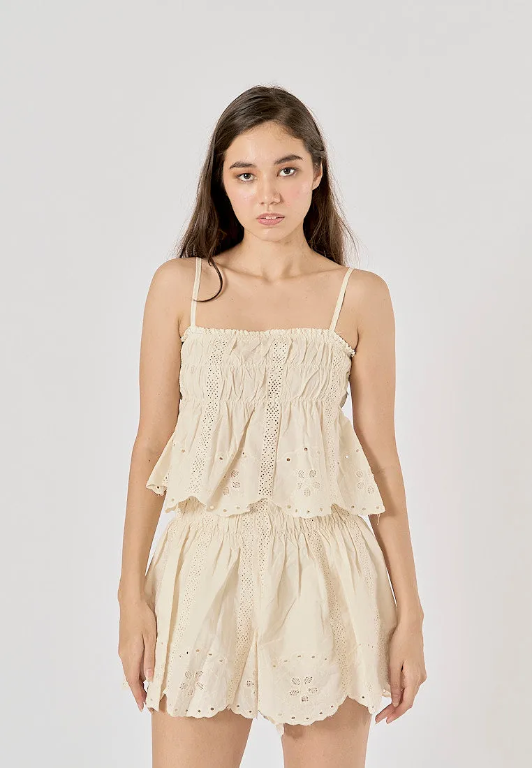 Gemini Beige Embroidered Elastic Waist Pleated Mini Skirt