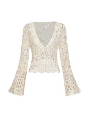 Gemma Crochet Lace Tie-Front Cardigan in Apricot