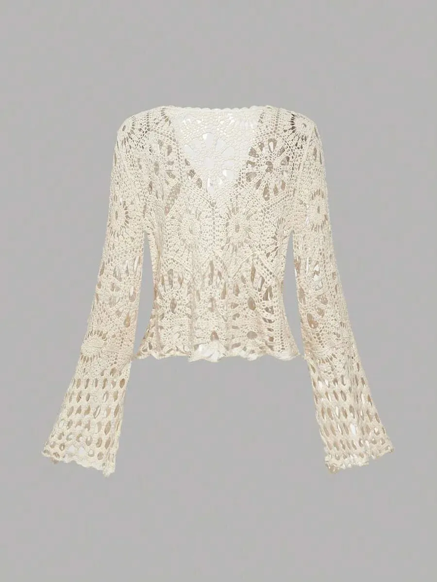 Gemma Crochet Lace Tie-Front Cardigan in Apricot