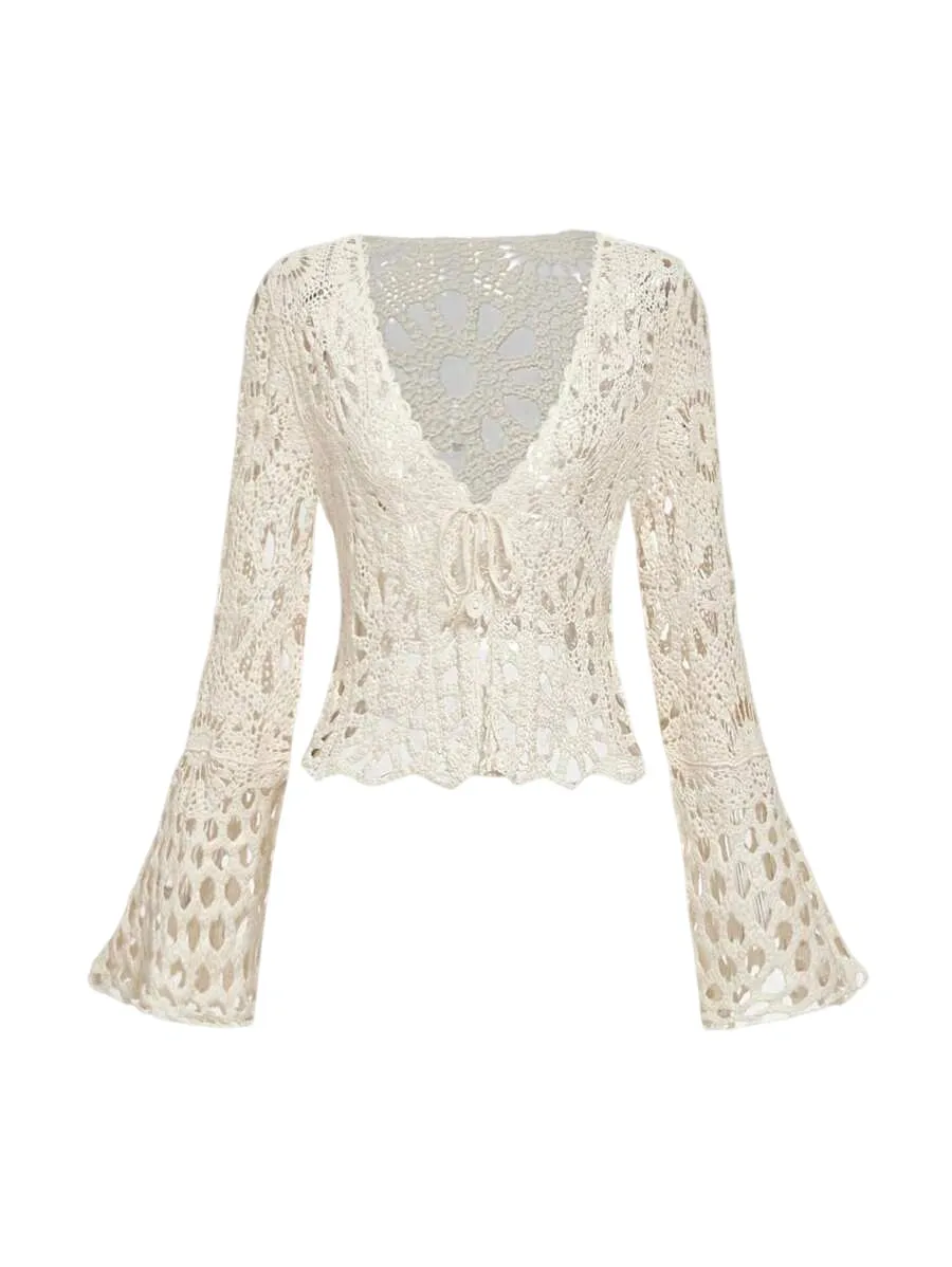 Gemma Crochet Lace Tie-Front Cardigan in Apricot