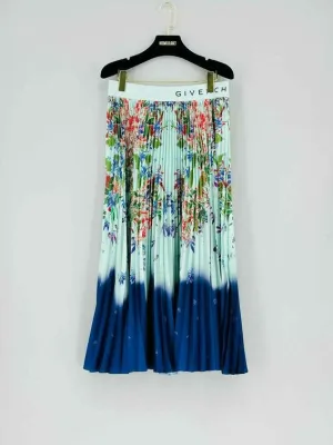 GIVENCHY Pleated Green Multicolor Floral Midi Skirt