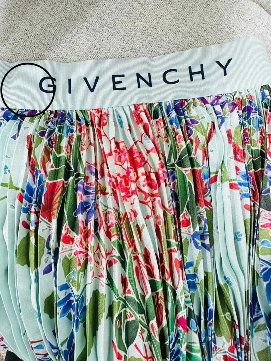 GIVENCHY Pleated Green Multicolor Floral Midi Skirt