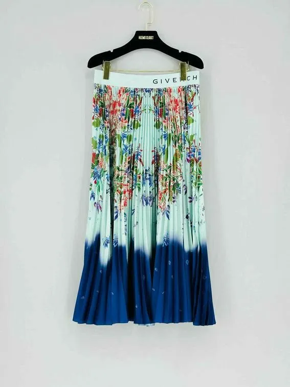 GIVENCHY Pleated Green Multicolor Floral Midi Skirt