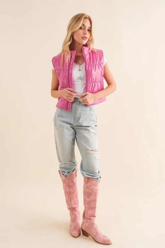 GLOSSY CROPPED ZIP VEST