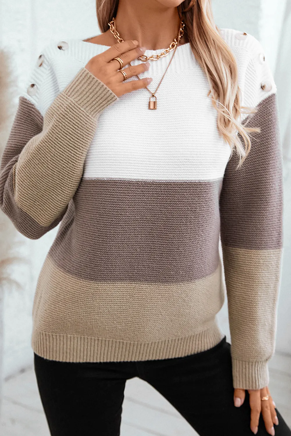 Goat Colorblock Knitted Buttoned Shoulder Sweater