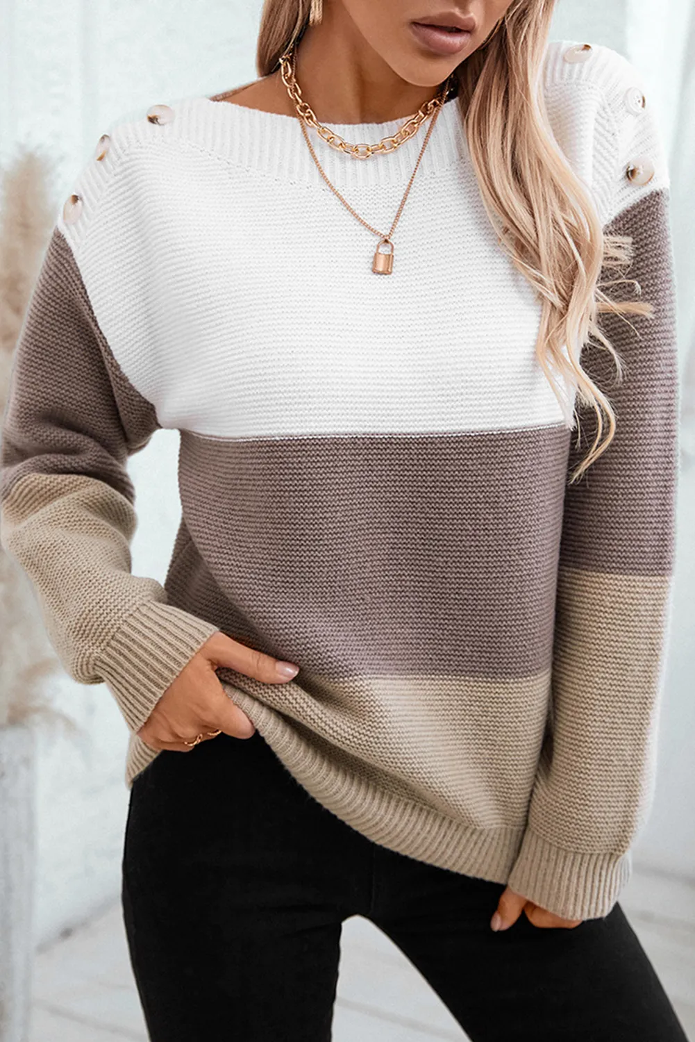 Goat Colorblock Knitted Buttoned Shoulder Sweater