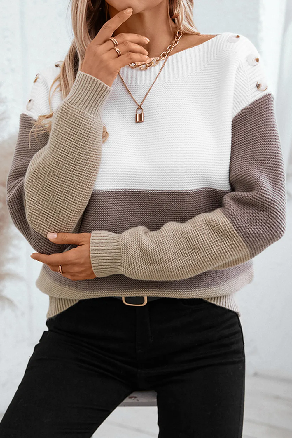 Goat Colorblock Knitted Buttoned Shoulder Sweater
