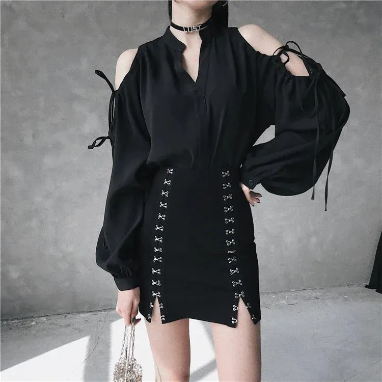 Goth Denim Pleated Mini Skirt with Big Pockets