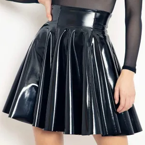 Gothic High Waist PU Leather Flared Pleated Mini Skirt