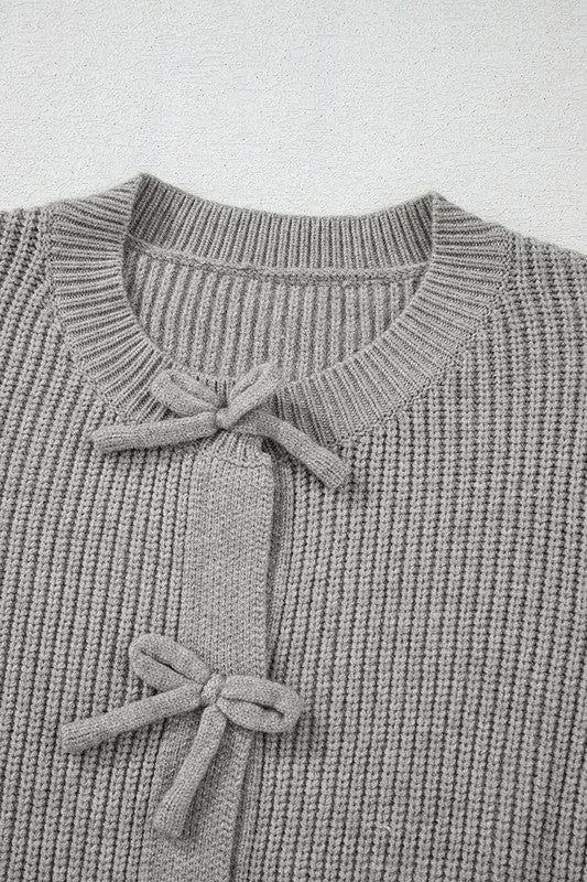 Gray Ribbed Knit Bow Front Buttoned Cardigan
