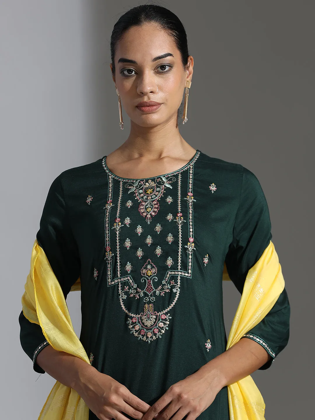 Green Embroidered Chinon Kurta Set With Dupatta
