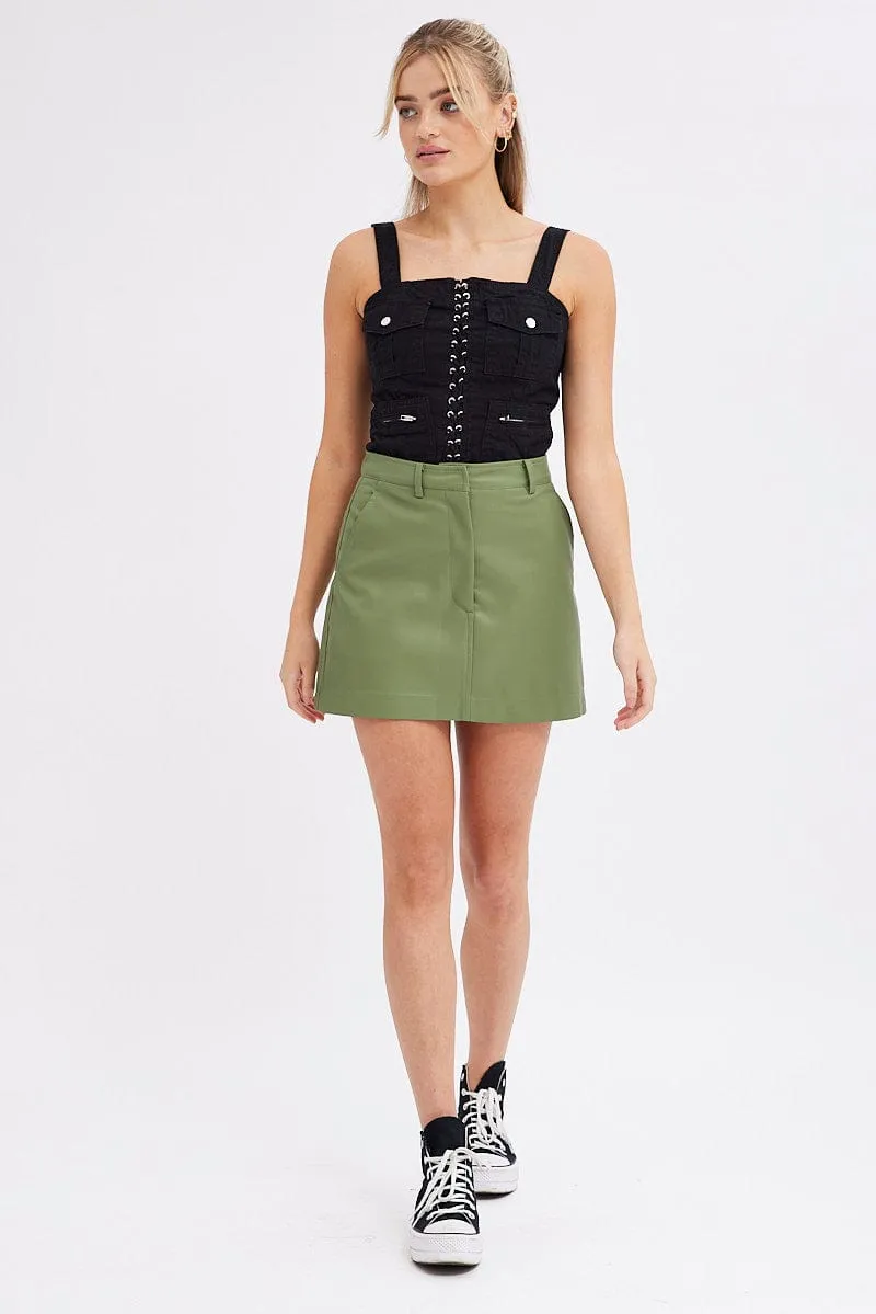 Green Mini Skirt High Rise Pocket Detail Faux Leather