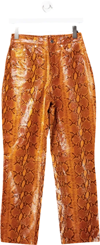 grlfrnd Orange Snakeskin Print Straight Leather Trousers UK 8