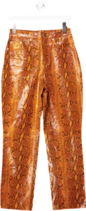 grlfrnd Orange Snakeskin Print Straight Leather Trousers UK 8