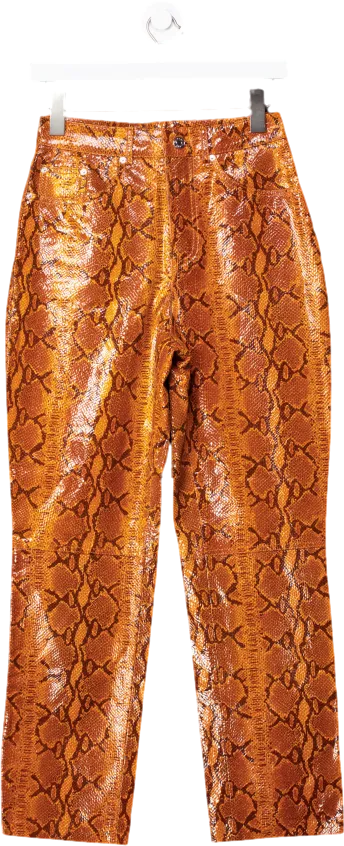 grlfrnd Orange Snakeskin Print Straight Leather Trousers UK 8
