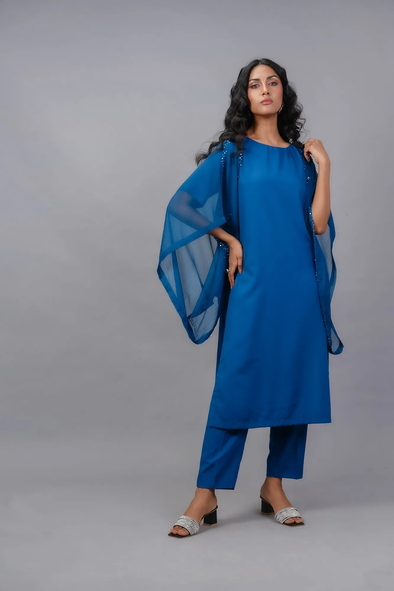 Hand-Embellished Blue Chiffon Stitched Outfit