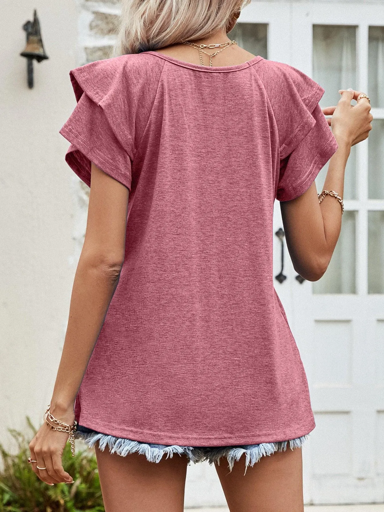 Hazel Blues® | Layered Flutter Sleeve V-Neck Top