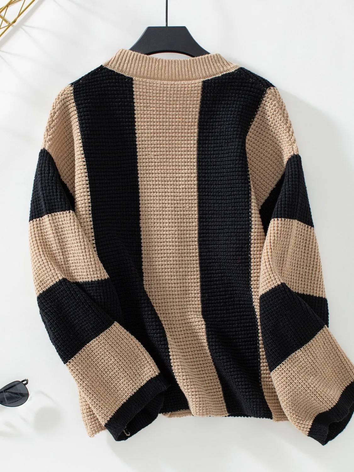 Hazel Blues® |  Waffle-Knit V-Neck Striped Long Sleeve Cardigan