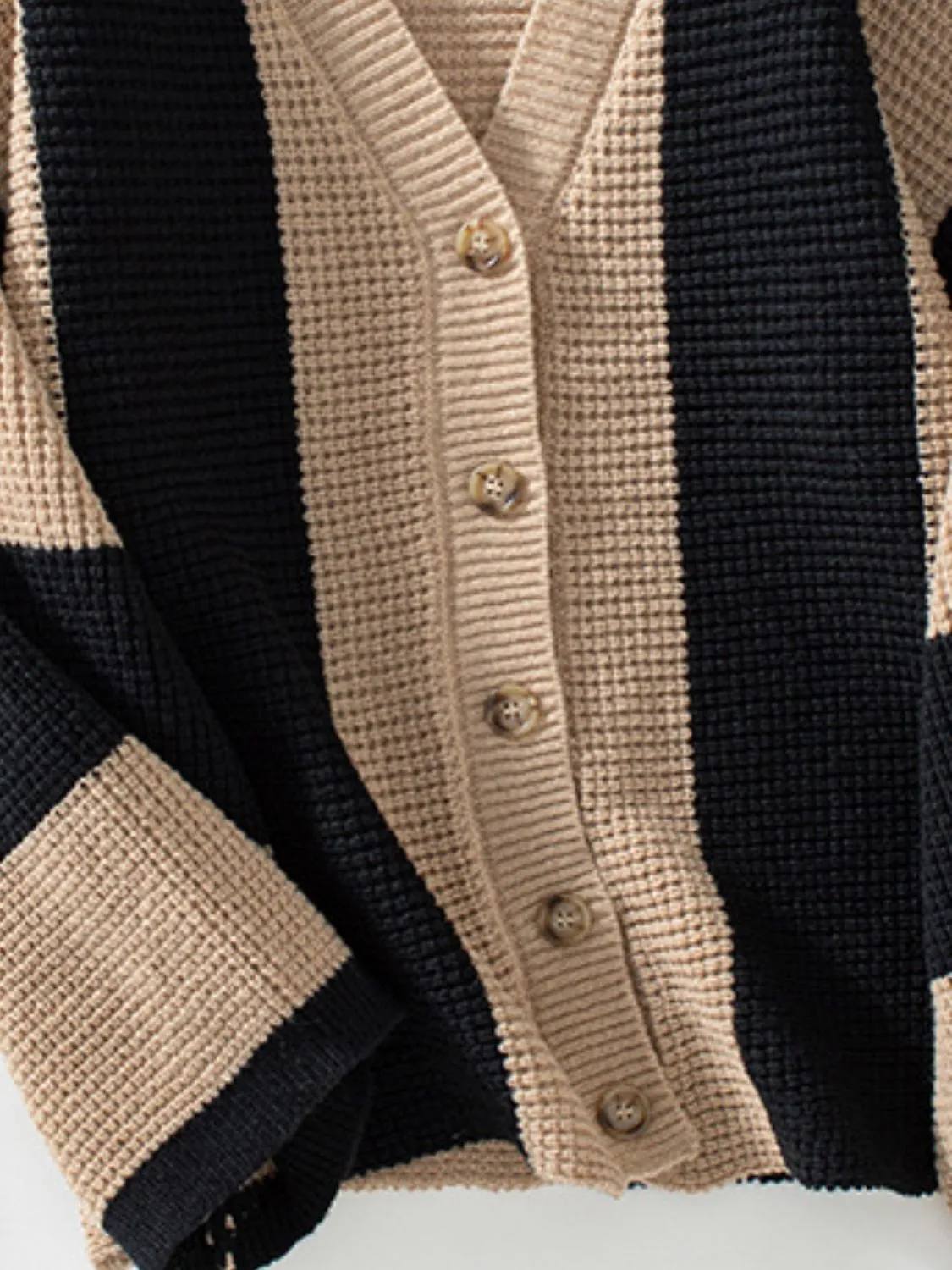 Hazel Blues® |  Waffle-Knit V-Neck Striped Long Sleeve Cardigan
