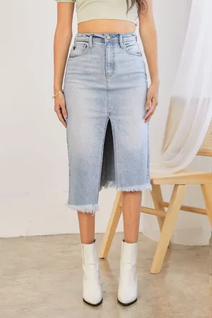 high rise asymetrical denim skirt