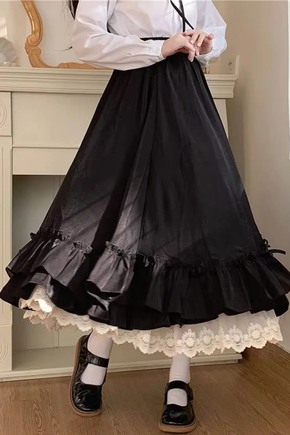 High Waist A-Line Ankle Length Ruffles Pleated Skirts